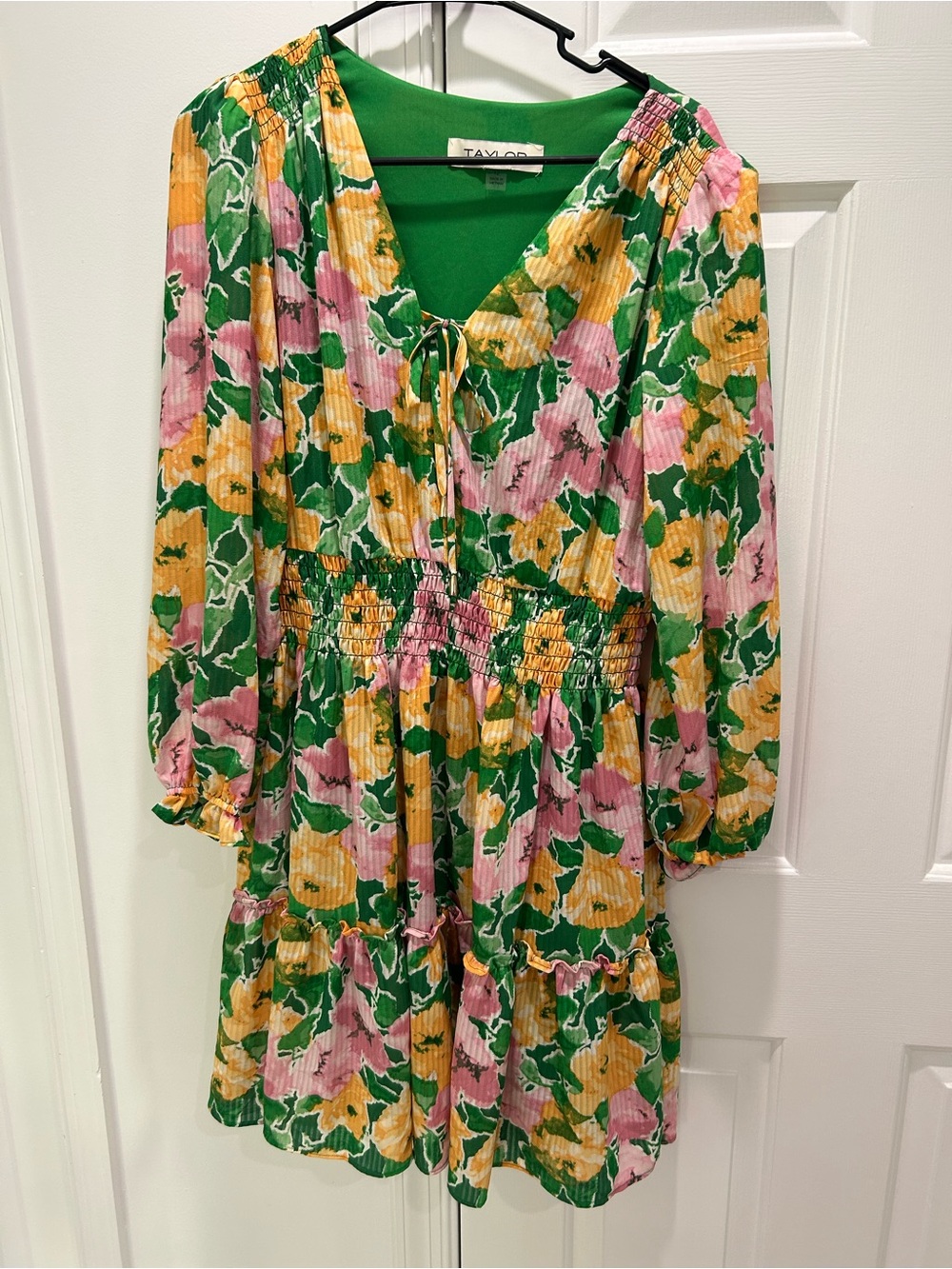 Taylor Green Floral V-Neck Dress with Yellow Accents